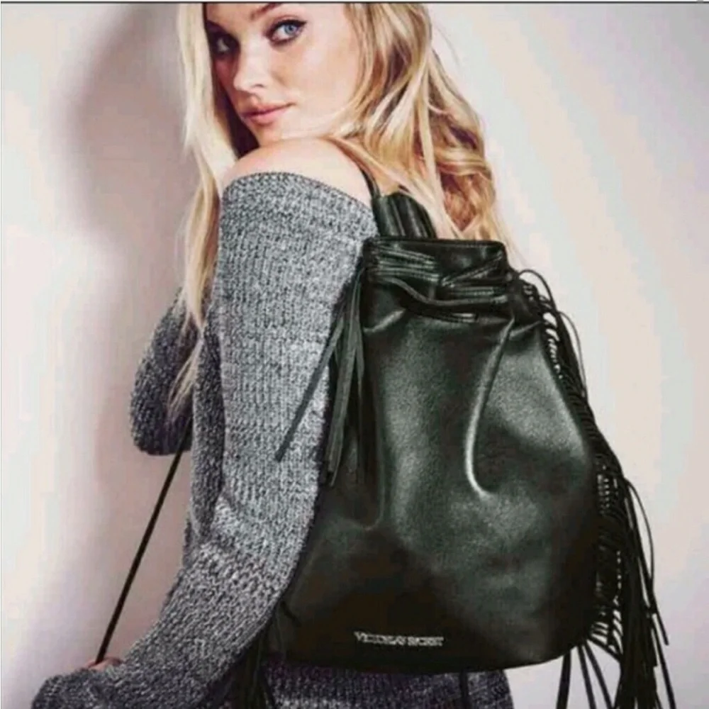 Victoria secret black fringe bucket backpack - Picture 16 of 16